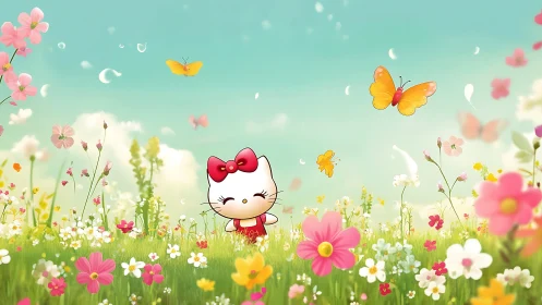 Anime floral meadow with kawaii cat character and butterflies.