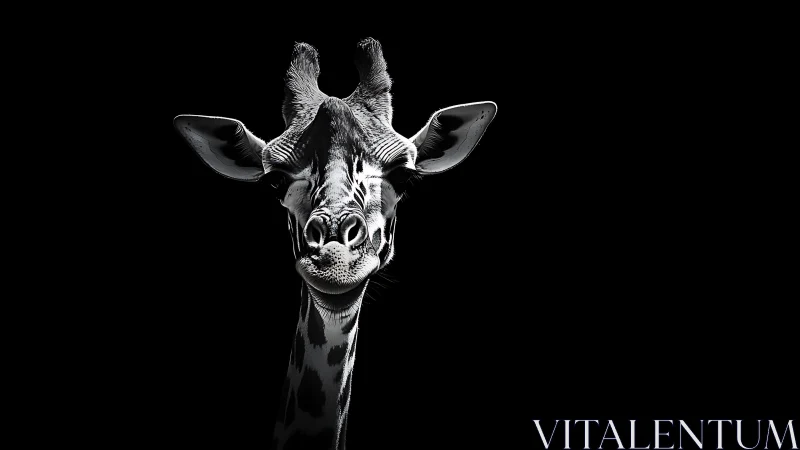 High-contrast monochrome frontal portrait of a giraffe head.