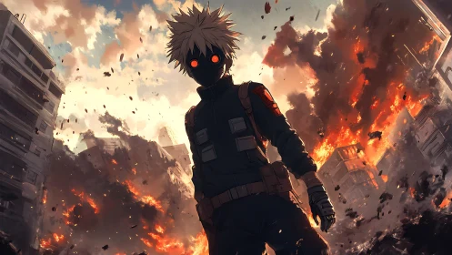 Masked wanderer strolling through a city of falling fire.