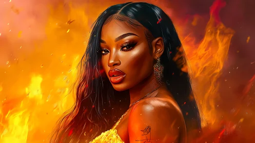 Woman Portrait with Fiery Background and Golden Accessories.