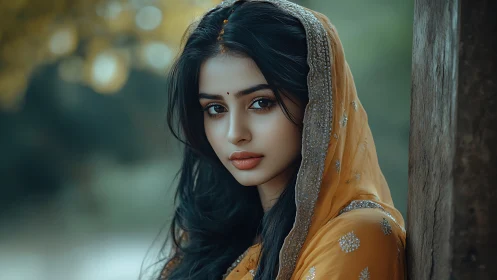 Portrait of Woman in Traditional Yellow Attire, Soft Natural Light.