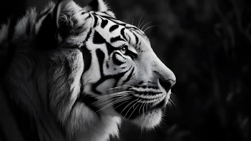 Moonlit white tiger in regal monochrome side profile study.