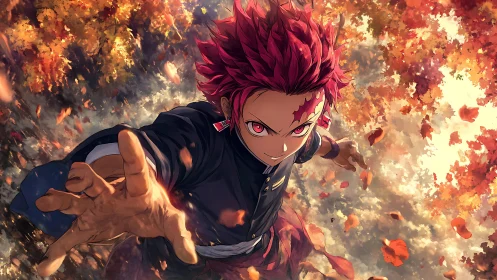 Dynamic red-haired warrior leaping through autumn foliage.