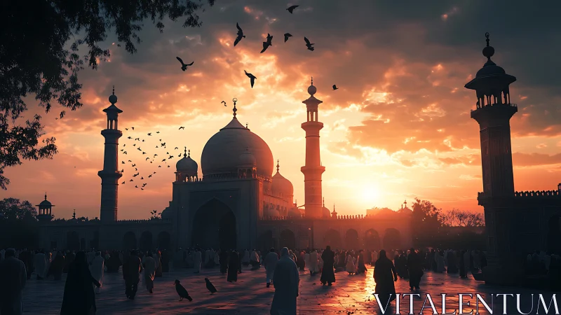 Sunlit mosque courtyard glows as worshippers gather at dusk