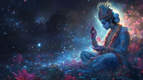 Divine blue figure meditating in luminous lotus garden night.