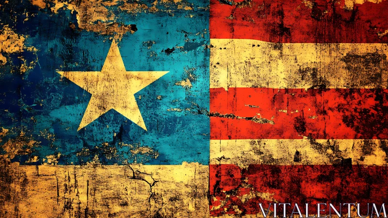 Weathered American flag art with grunge texture and star