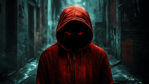 Hooded faceless figure with red glowing eyes in cyber alley