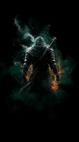 Hooded armored warrior with sword amid green and orange smoke.