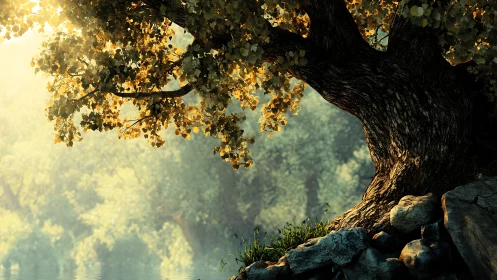 Large tree trunk beside rocks in soft forest backlight.