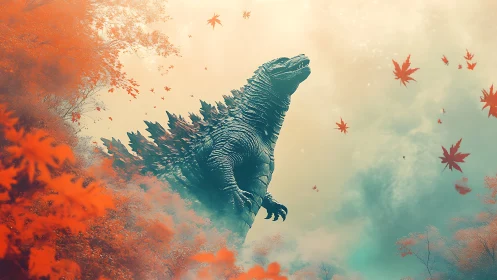 Colossal reptile rises through mist amid falling red leaves.
