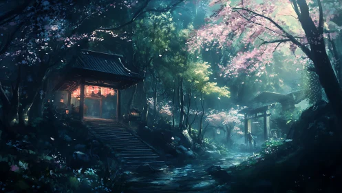 Nocturnal shrine illumination in misted cherry grove corridor.