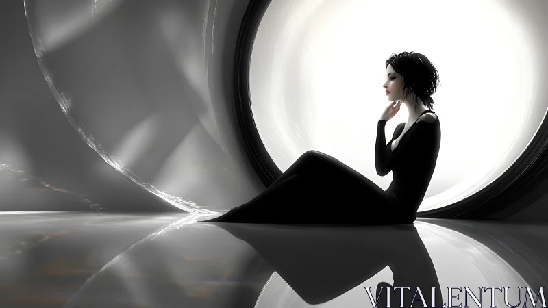 Minimalist digital portrait in luminous circular interior space.