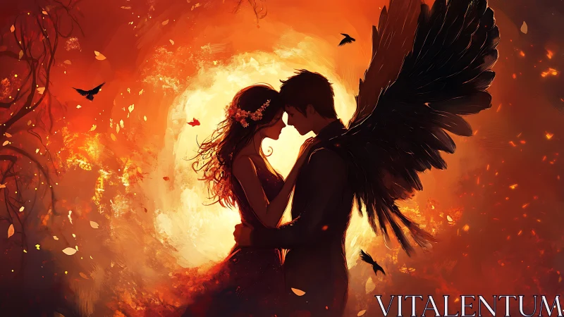 Two figures embrace within fiery luminous environment