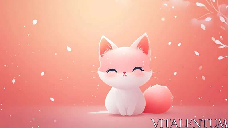 Sweet pastel fox kitten smiling in a soft pink daydream.