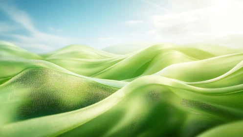 Luminous green fabric dunes under volumetric daylight sky.