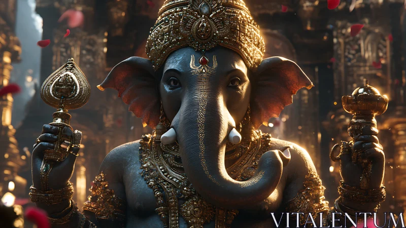 Divine Ganesh idol radiates golden light in sacred temple hall