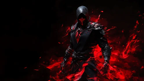 Hooded dark warrior emerges from infernal red energy field