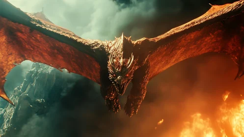 Fire-breathing dragon charges forward through burning sky