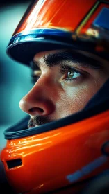 Focused racer’s gaze blazing beneath electric orange visor.
