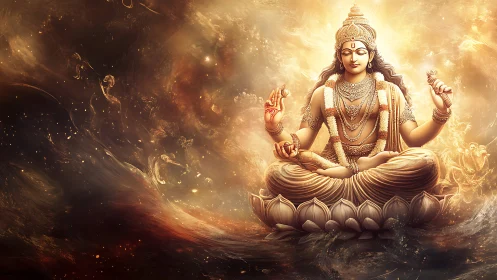 Divine luminous deity meditates amid swirling cosmic light.