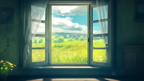 Sunlit country window opens gently onto a peaceful meadow