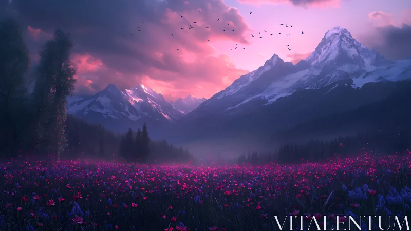 Twilight alpine meadow renders luminous contrast against mountains