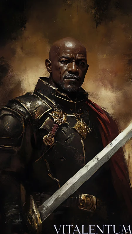 Stoic knight in burnished armor holding a weathered sword.