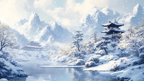 Tranquil pagoda stands in a serene, snow-covered mountain valley