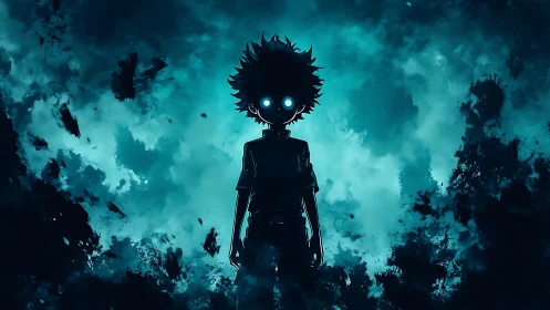 Shadowy anime child stands bold against swirling teal storm