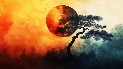 Fiery sun embraces a lone twisted tree in calm mist