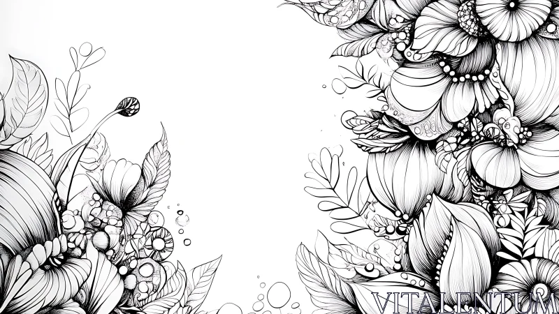 Intricate Ink Floral Border Composition with Botanical Elements