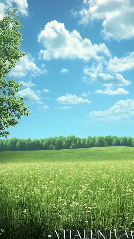 Sunny meadow under drifting clouds invites calm reflection