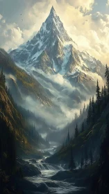 Vertical alpine massif with atmospheric perspective and dynamic water flow