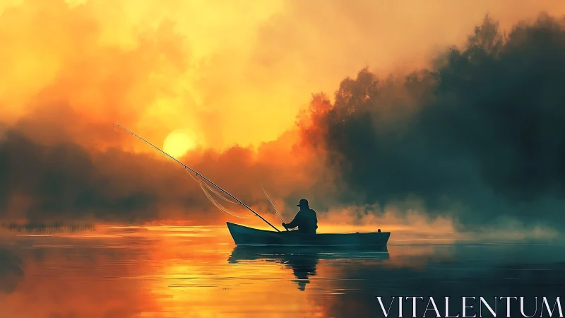 Solitary angler occupies small boat on misty sunrise lake