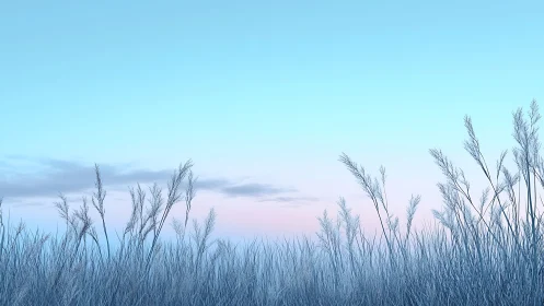 Tranquil Frosty Grass Field at Dawn with Soft Pastel Sky.