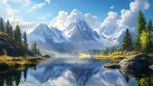 High-dynamic alpine lake panorama with snowcapped peaks