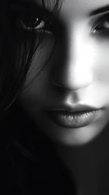 Monochrome close-up study of a female face in sharp light.
