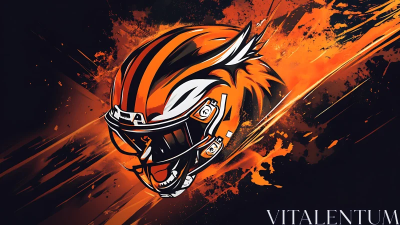 Tiger-striped football helmet in explosive orange motion graphic.