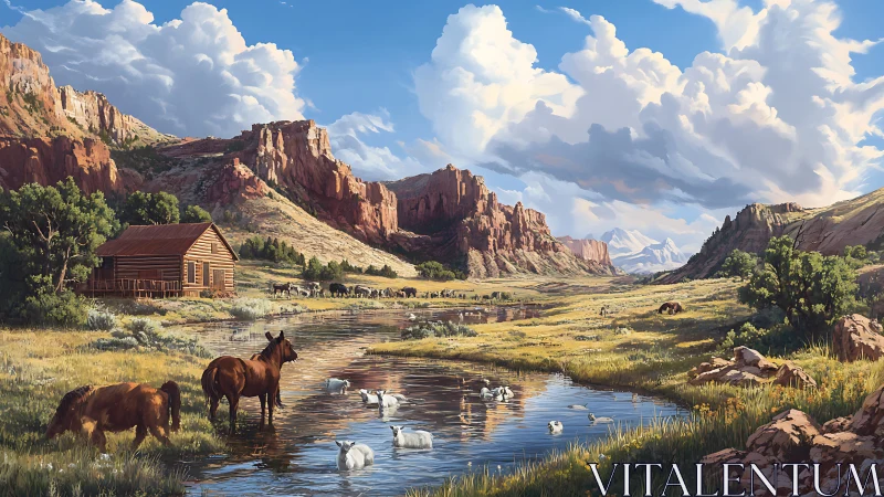 Western river valley with horses, sheep and distant mountains