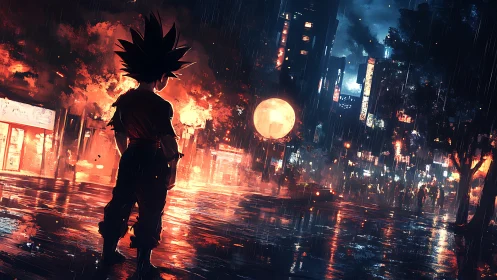 Backlit warrior in rain-soaked neon city under conflagration.