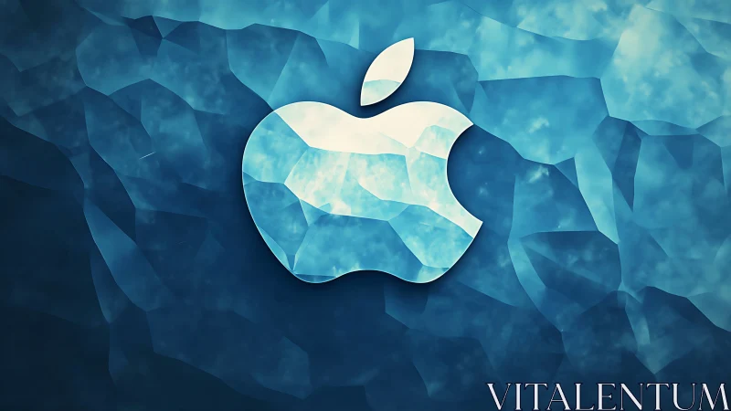 Polygonal apple-shaped logo on blue textured background.