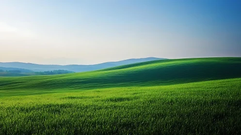 Gentle green hills glow softly under a calm blue sky