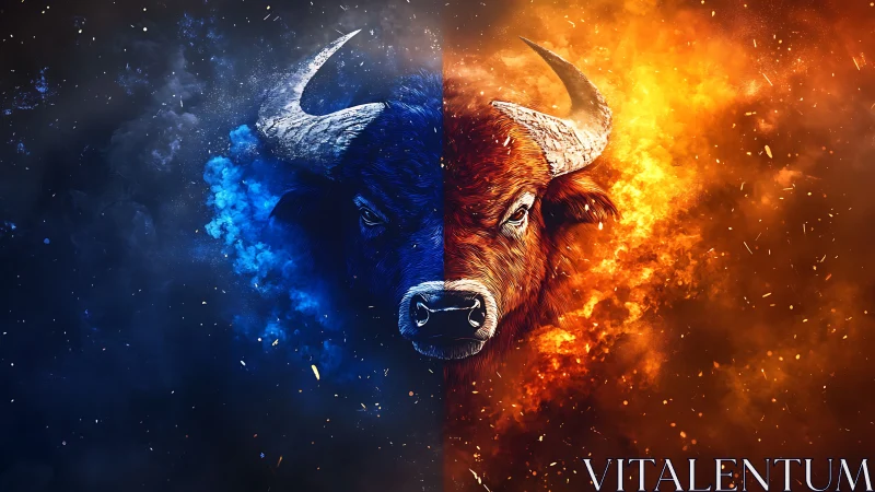 Bull head split by blue cold and orange fire clouds.