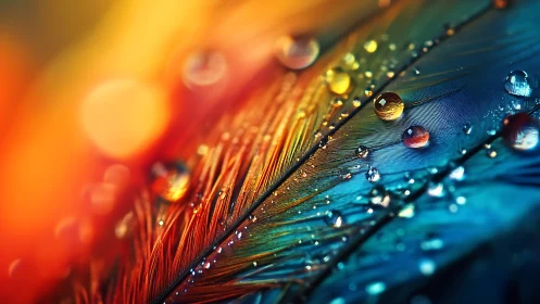 Macro study of iridescent feather with refractive droplets.