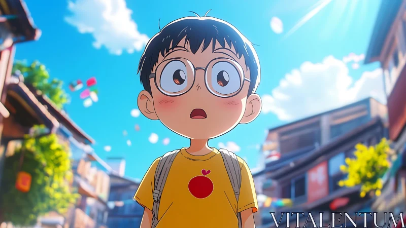 Wide-eyed anime boy explores a sunlit festival street.
