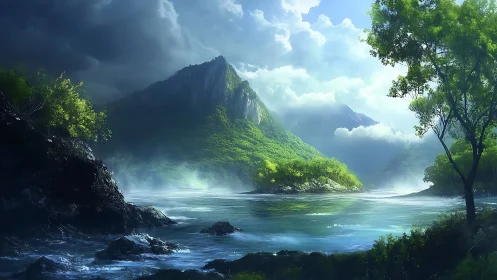 Mountainous fjord landscape with layered geological formations and water body