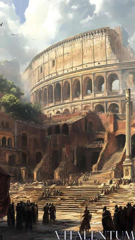 Sunlit Roman colosseum thrums with gathering crowds.