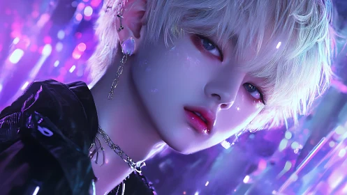 Chromatic bokeh-lit androgynous portrait in neon refractions.