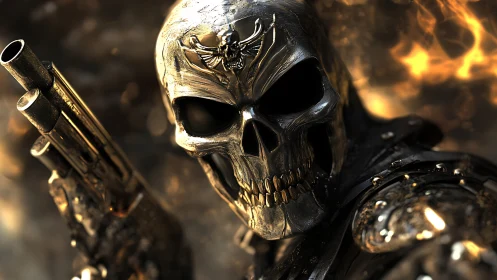 Metallic skeletal gunner rendered with high-gloss PBR detailing