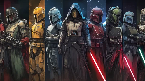 Armored sci fi warriors aligned with hooded central figure.